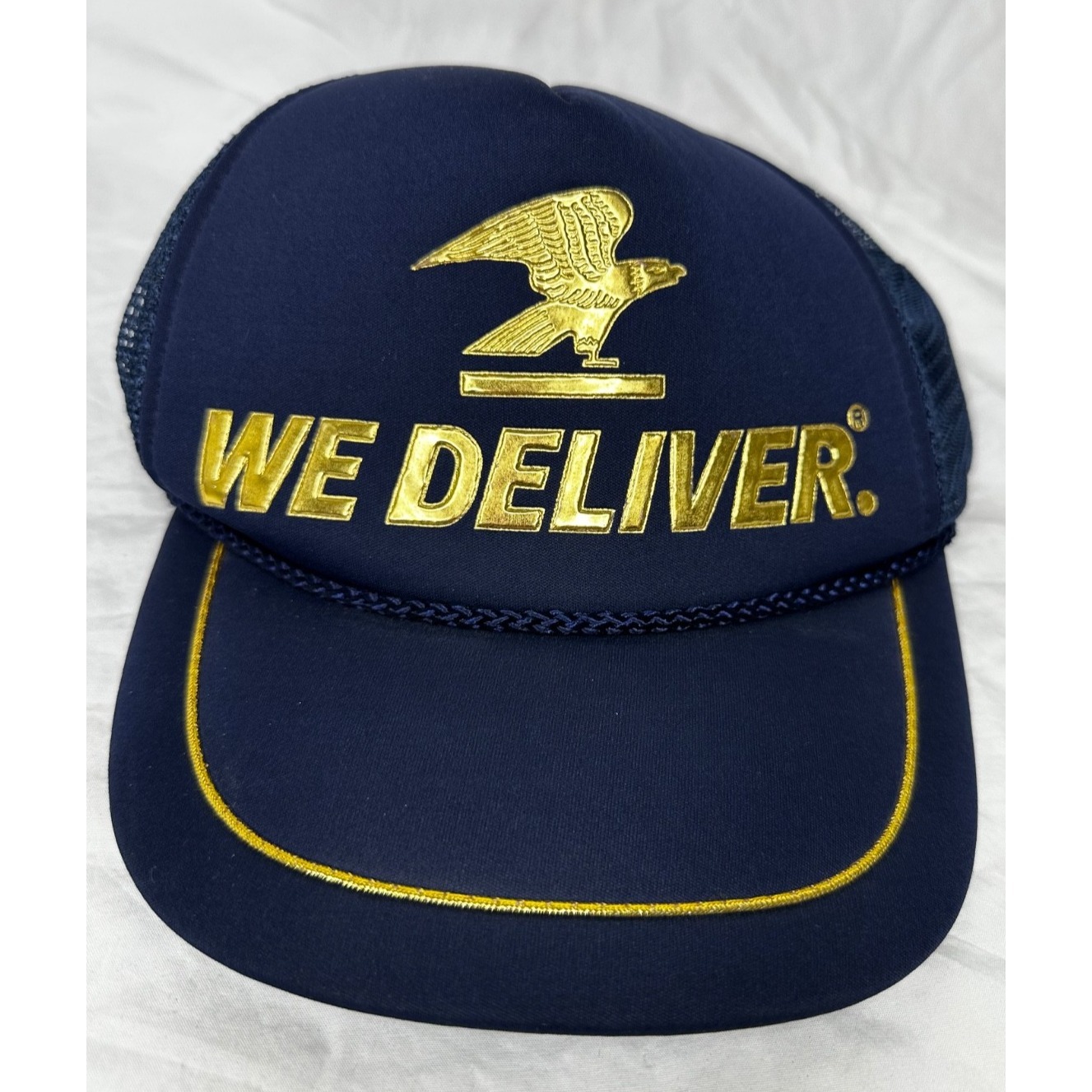 Vintage We Deliver Mesh Trucker Hat Cap Navy Gold Adjustable Us Crown Co